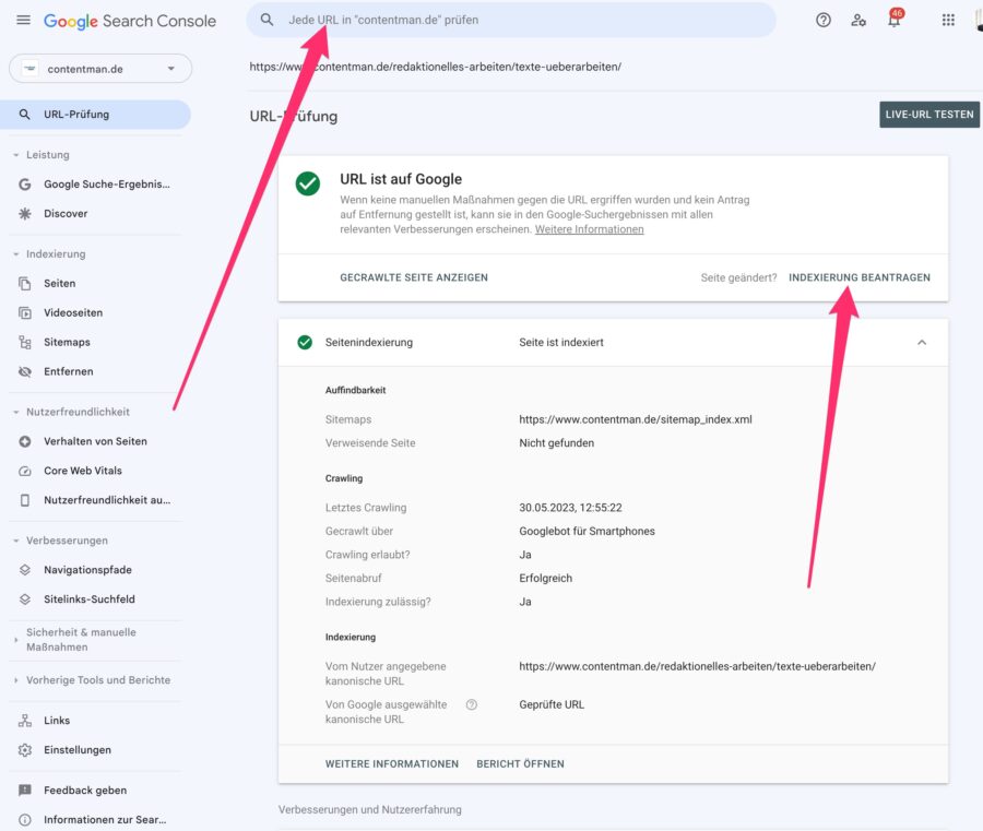 Ganz oben in der Google Search Console die URL der Seite eingeben. Es erscheint diese Übersicht. Darin kannst du um erneute Indexierung bitten.